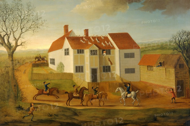 John Sidey and his Hounds at a Farmhouse near Hadleigh, Suffolk Signed and dated in green paint, lower right: "J. Dunthorne | 1765", James Dunthorne, 1730-1815, British