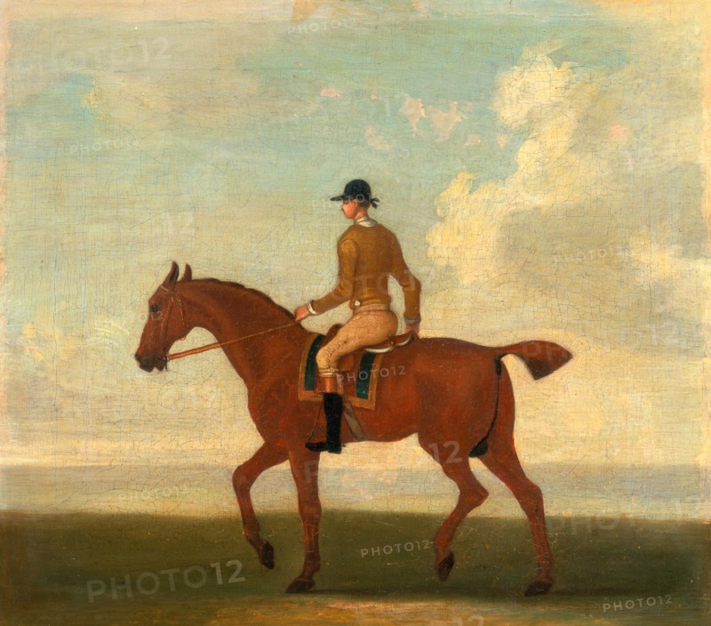One of Four Portraits of Horses - a Chestnut Racehorse with Jockey Up: walking to the left; jockey in buff-yellow jacket, Attributed to James Seymour, 1702-1752, British