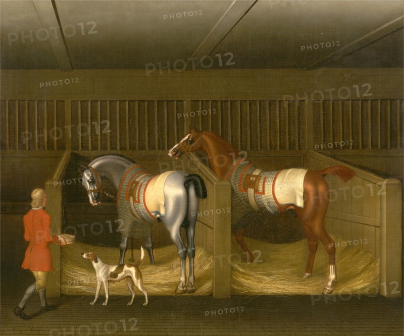 The Stables and Two Famous Running Horses belonging to His Grace, the Duke of Bolton Two Horses in a Stable with a Groom Two Horses and a Groom in a Stable Signed and dated in brown paint, center left: "JS 1747", James Seymour, 1702-1752, British