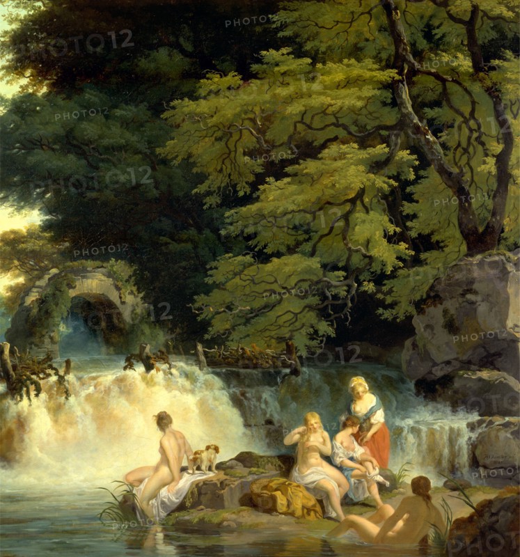 The Salmon Leap, Leixlip The Salmon Leap at Leixlip with Nymphs Bathing Girls Bathing by a Waterfall Signed and dated in black paint, lower right: "FWheatley pinx | 1783", Francis Wheatley, 1747-1801, British