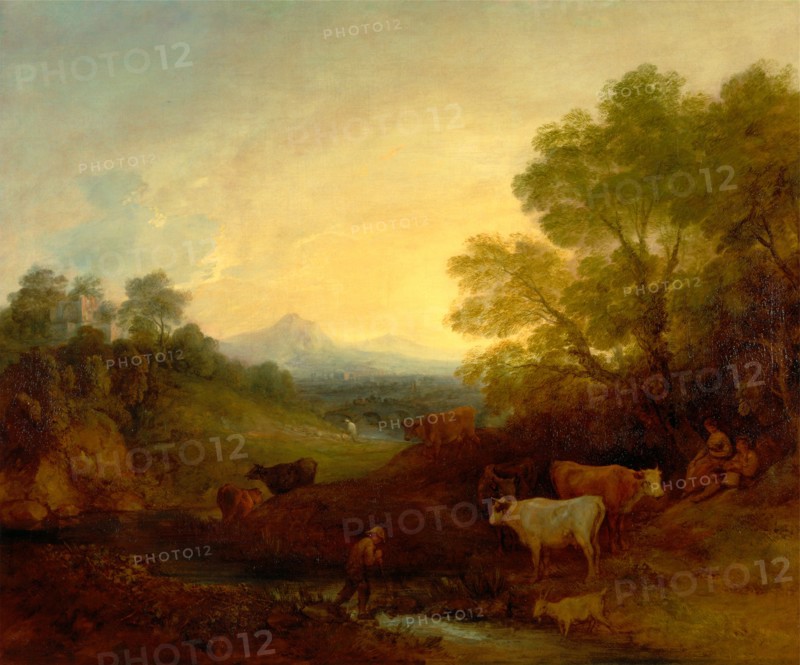 Landscape with Cattle Landscape with Cattle and Figures A Landscape with Cattle and Figures by a Stream and a Distant Bridge An english landscape with peasants and cattle Signed, lower right: "TG [monogram]", Thomas Gainsborough, 1727-1788, British