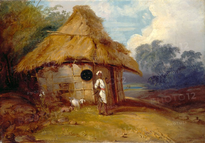 View in Southern India, with a Warrior Outside His Hut Southern India with a Hindoo Warrior outside his Hut, George Chinnery, 1774-1852, British