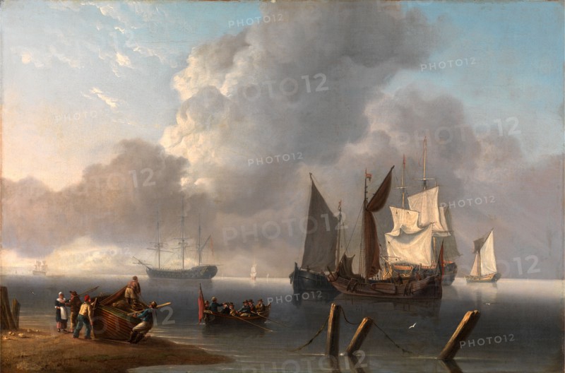 Warships Lying Offshore, the Commanding Admiral Being Rowed out to Join the Flagship, Her Sails Illuminated by a Break in the Clouds Signed, lower left: "M Powell", Charles Martin Powell, 1775 -1824, British