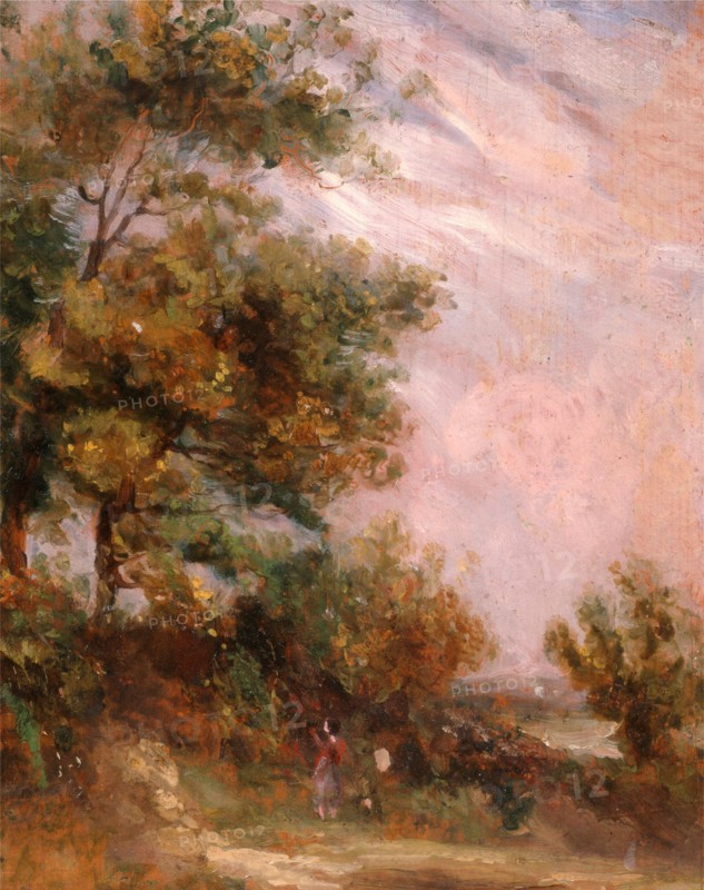 Landscape with Trees and a Figure Verso: Cottages in a Landscape, Thomas Churchyard, 1798-1865, British