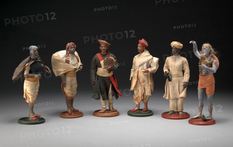 Indian Trades and Occupations A Group of Six Bengali Plaster Figures mid 19th Century of Trades and Occupations, the Bodies Plaster and Clothes Made of Linen and Cloth on Circular Wood Bases A Group of Six Figures of Bengali Trades and Occupations, unknown artist, 19th century, British