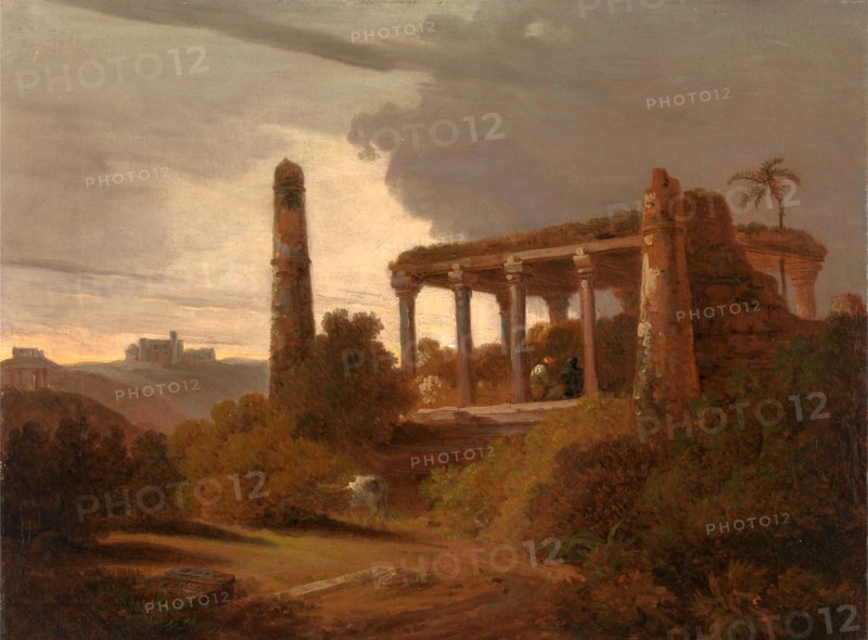 Indian Landscape with Temple Ruins Signed and dated, lower left, on box laying on ground: "DANIELL | 1820", Thomas Daniell, 1749-1840, British