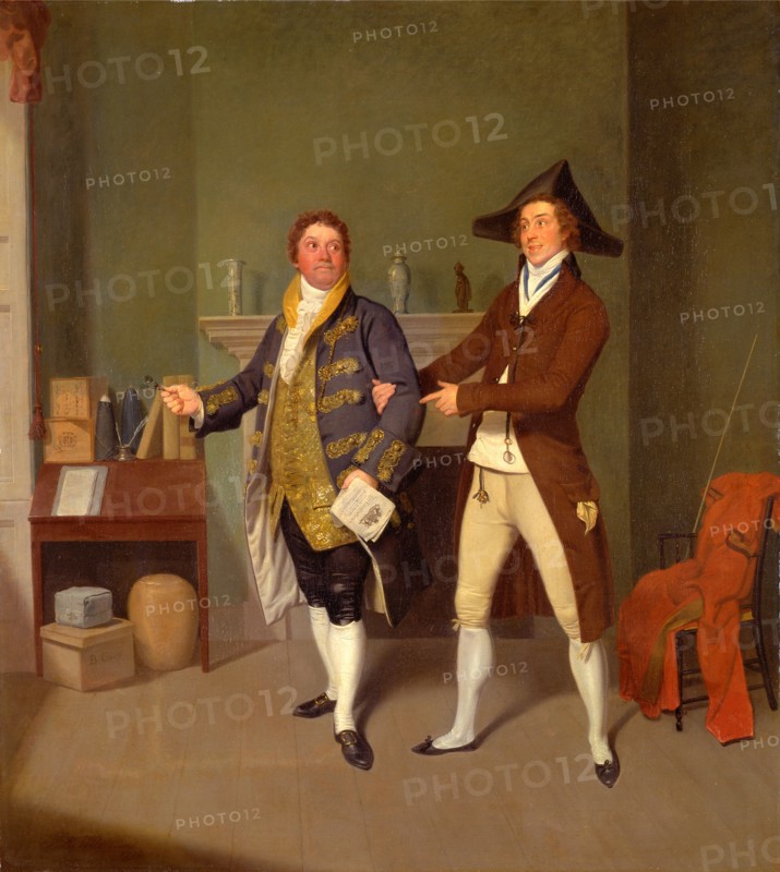 John Quick and John Fawcett in Thomas Moreton's "The Way to Get Married" John Quick as Toby Allspice and John Fawcett as Dashall in 'The Way to Get Married' by Thomas Morton Inscribed various trompe l'oeil writing Signed and dated, lower left: "S. De Wilde, Pinx 1796", Samuel de Wilde, 1748-1832, British