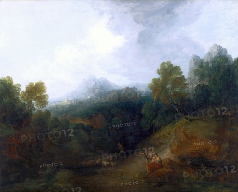 Landscape with a Flock of Sheep Mountain Valley with Peasants A Mountain Valley with Rustic Figures, a Shepherd and Sheep, and a Distant Village and Mountains, Thomas Gainsborough, 1727-1788, British