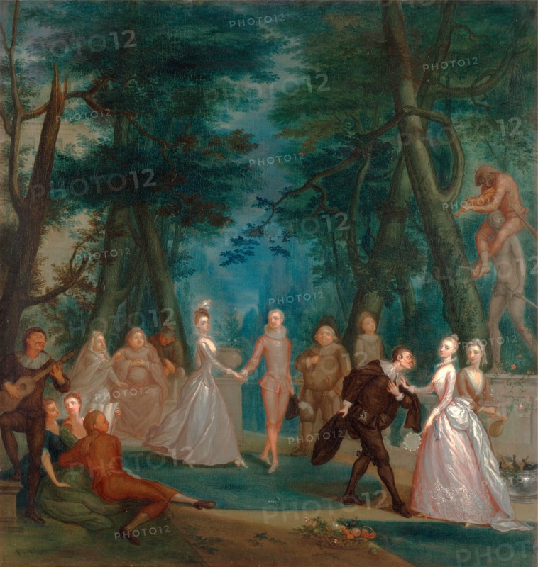 Scene in a park, with figures from the Commedia dell'Arte A Harliquinade, Marcellus Laroon the Younger, 1679-1772, British