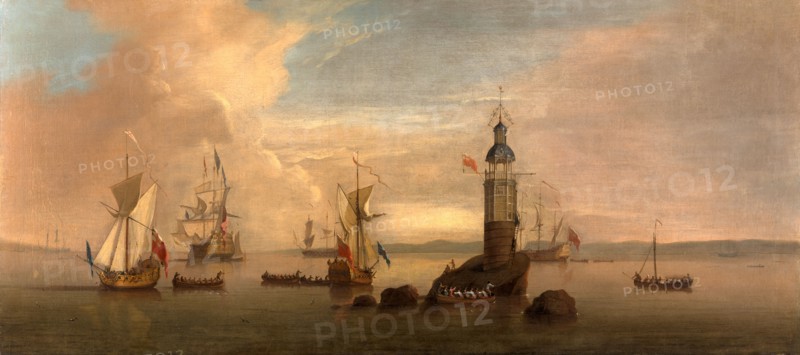 The Opening of the First Eddystone Lighthouse in 1698 Signed in white paint (on rock), lower center: "P. Monamy", Peter Monamy, 1681-1749, British
