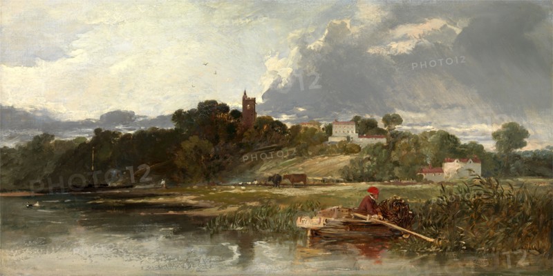 Gillingham on the Medway Signed and dated, lower center (on stem of boat): "W Mull r [the "r" is covered by a stripe on the boat's stem] | 1842", William James Muller, 1812-1845, British