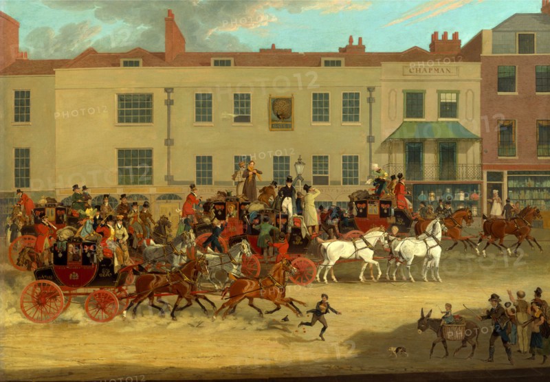 North Country Mails at the Peacock, Islington, London Signed and dated, lower right: "J. Pollard | 1821 [possibly 1824]", James Pollard, 1792-1867, British