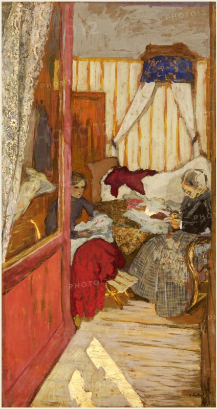 Edouard Vuillard, Women Sewing, French, 1868-1940, c. 1912, glue on paper on canvas