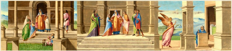 Benedetto Diana, Italian (c. 1460-1525), The Presentation and Marriage of the Virgin, and the Annunciation, 1520-1525, oil on panel
