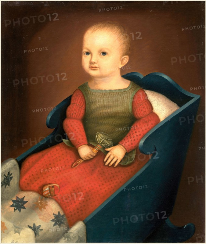 American 19th Century, Baby in Blue Cradle, c. 1840, oil on canvas