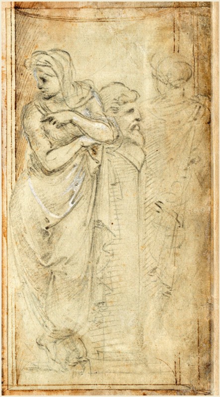Filippino Lippi, Italian (1457-1504), Two Draped Women Standing on Either Side of a Herm, 1488-1493, metalpoint heightened with white on light green-prepared paper
