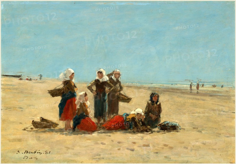EugÃ¨ne Boudin, Women on the Beach at Berck, French, 1824-1898, 1881, oil on wood