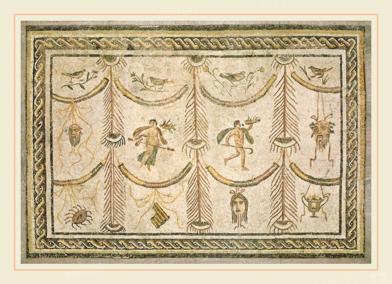 Roman 3rd Century, Symbols of Bacchus as God of Wine and the Theater, c. 200-225 A.D., mosaic, marble, and glass