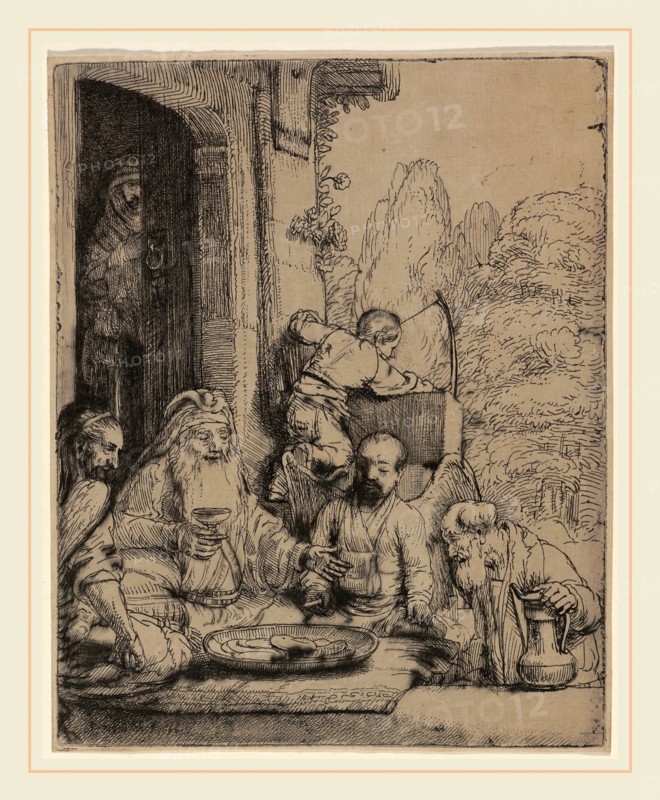 Rembrandt van Rijn, Abraham Entertaining the Angels, Dutch, 1606-1669, 1656, etching and drypoint on japan paper