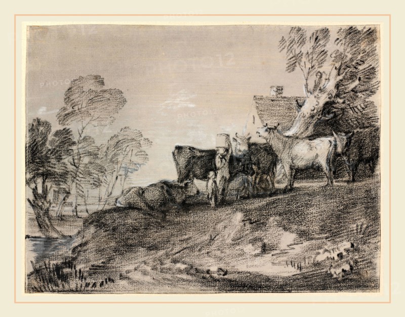 Thomas Gainsborough, Landscape with Cattle by a Cottage, British, 1727-1788, late 1770s, black and white chalk on gray prepared laid paper