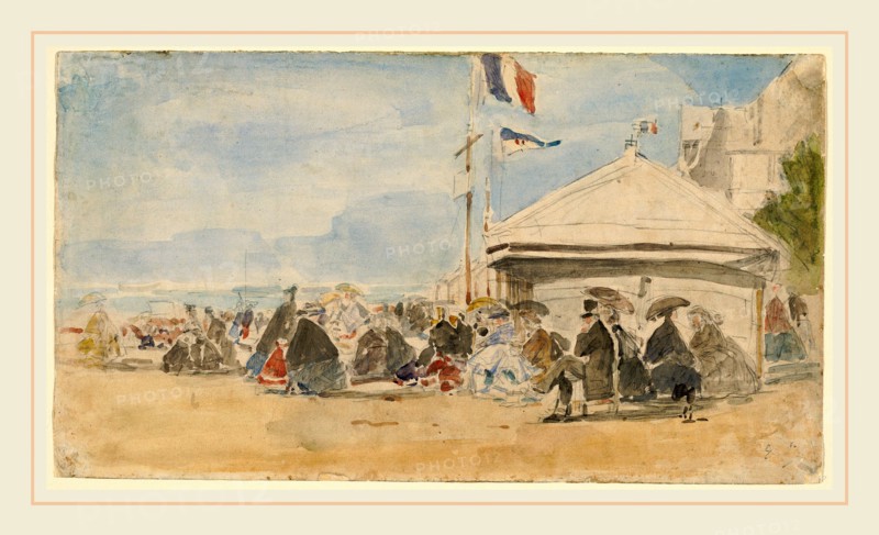 EugÃ¨ne Boudin, Beach House with Flags at Trouville, French, 1824-1898, c. 1865, watercolor over graphite