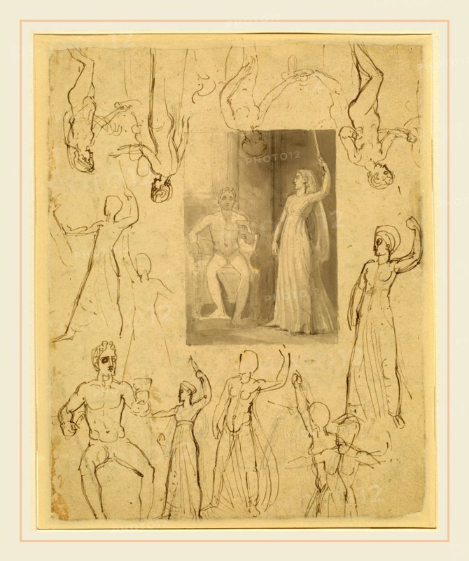 Thomas Stothard, Design for a Book Illustration and Related Studies [recto], British, 1755-1834, pen and gray and brown ink with gray wash over graphite on wove paper