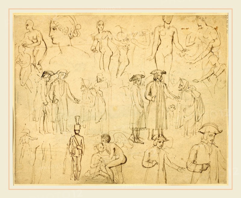 Thomas Stothard, Figure Studies [verso], British, 1755-1834, pen and brown ink on wove paper
