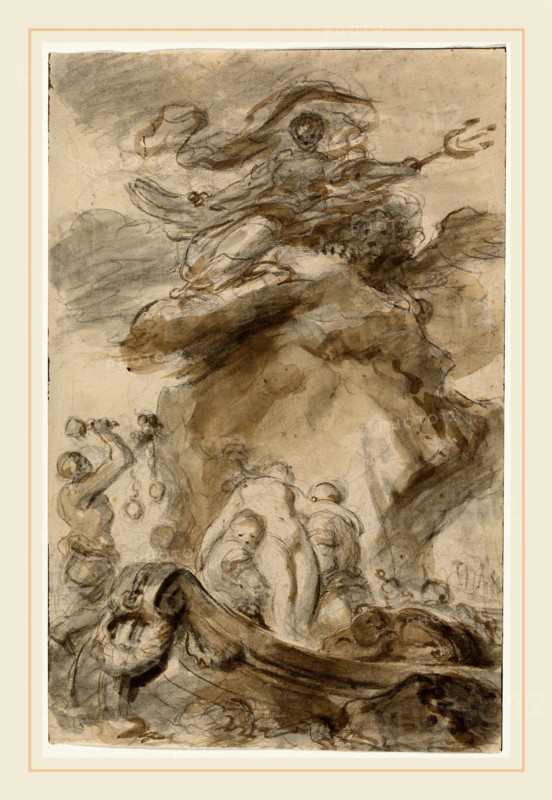Jean-Honoré Fragonard, Angelica Is Exposed to the Orc, French, 1732-1806, 1780s, black chalk with brown and gray wash on laid paper