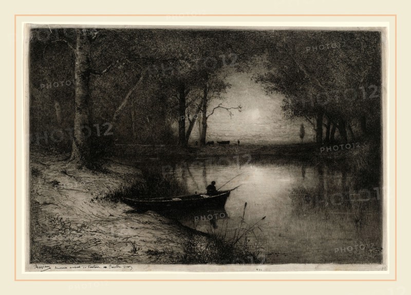Adolphe Appian, PÃªcheur en Canot, au bord d'une RiviÃ¨re (Fisherman in a Boat), French, 1818-1898, 1887, etching with monotype on china paper