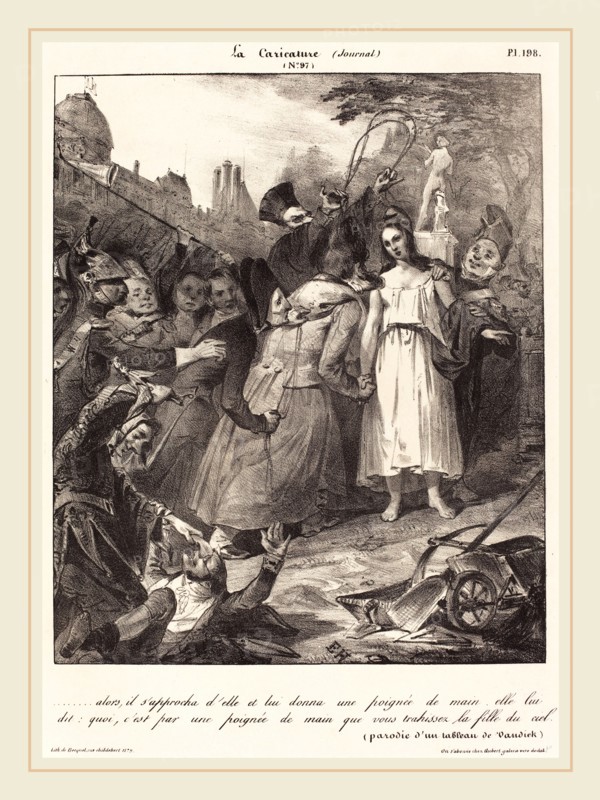 French 19th Century, ...alors, il s'approcha d'elle: Parody of van Dyck's Betrayal of Christ, 1832, lithograph