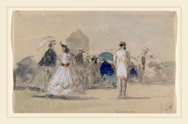 EugÃ¨ne Boudin, Crinolines on the Beach, French, 1824-1898, c. 1865, watercolor and gouache  over graphite on buff paper