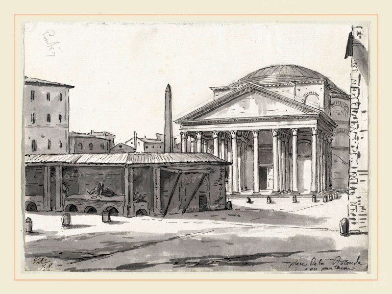 Jacques-Louis David, The Pantheon Seen from the Piazza, French, 1748-1825, 1775-80, black ink and gray wash over graphite on laid paper