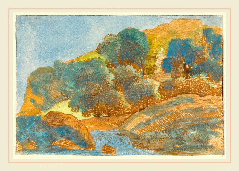 Franz Innocenz Josef Kobell, German (1749-1822), Hilly Landscape with a Stream, 1800-1805, pen and brown ink with watercolor, framed in graphite (partially cropped) on laid paper