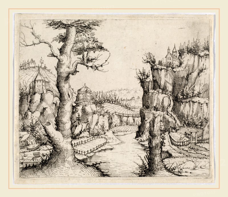 Augustin Hirschvogel, German (1503-1553), River Landscape with High Cliffs, 1546, etching on laid paper