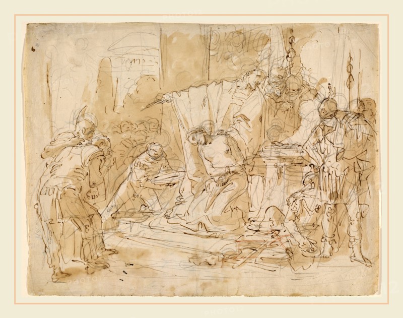 Giovanni Battista Tiepolo, Italian (1696-1770), The Sacrifice of Iphigenia (recto)-Study of a Male Nude (verso), c. 1726, pen and brown ink with brown wash over black chalk and touches of red chalk on laid paper