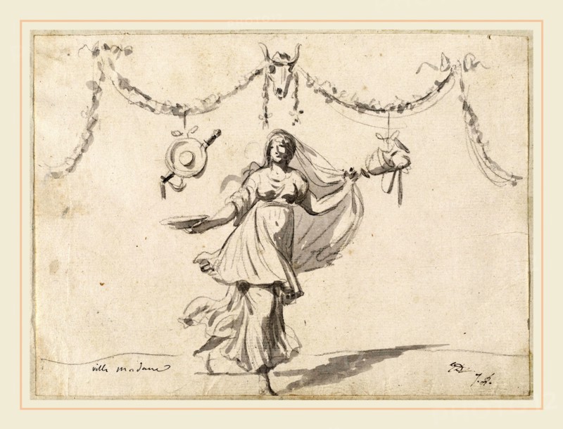 Jacques-Louis David, Ornament with a Woman in Ancient Dress, French, 1748-1825, 1775-80, graphite and gray wash on laid paper