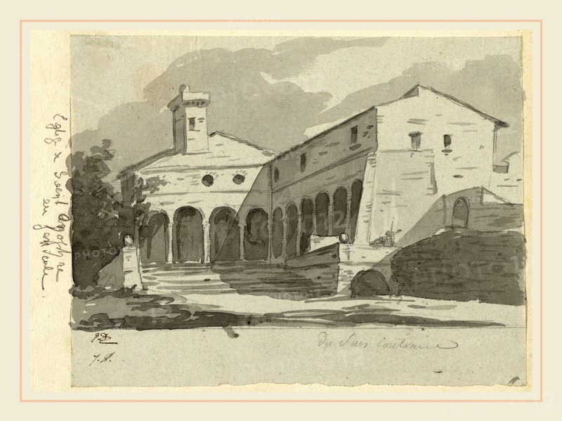 Jacques-Louis David, Church of Sant' Onofrio, Rome, French, 1748-1825, 1775-80, gray wash over black chalk on pale blue laid paper, the wash extending onto the album page at left and right