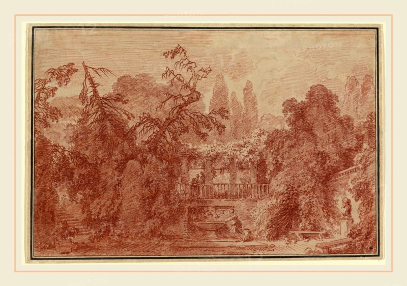 Jean-Honoré Fragonard, French (1732-1806), Terrace and Garden of an Italian Villa, 1762-1763, red chalk over traces of black chalk on laid paper