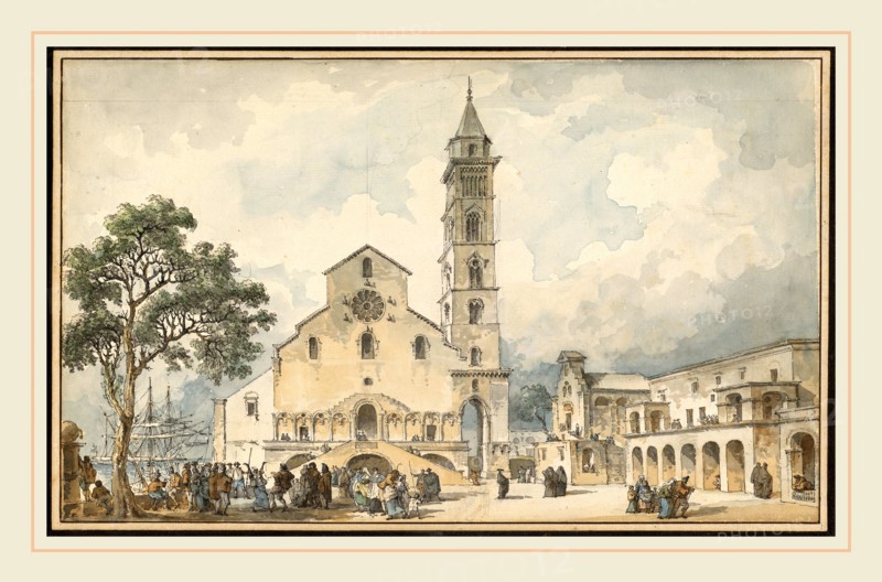 Louis-Jean Desprez, French (1743-1804), The Cathedral at Trani, 1778, pen and gray-black ink and watercolor over graphite on laid paper