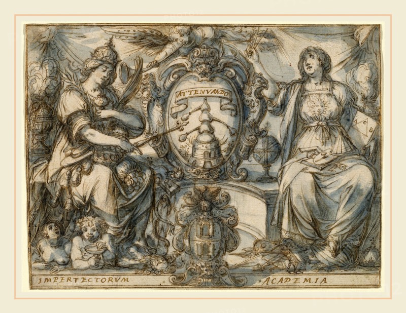 Claude Déruet, Imperfectorum Academia (Academy of the Imperfects), French, 1588-1660, c. 1619, pen and brown ink with blue wash over black chalk, incised for transfer, on laid paper