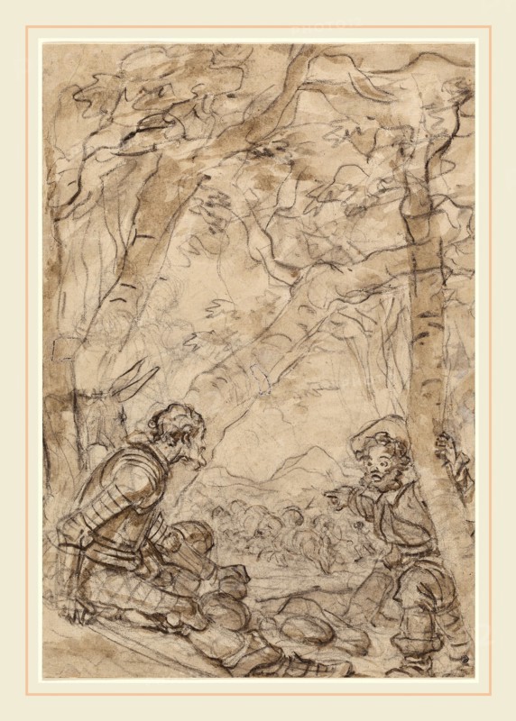 Jean-Honoré Fragonard, Don Quixote and Sancho Panza Witness the Attack on Rocinante, French, 1732-1806, 1780s, black chalk with gray and brown wash on laid paper
