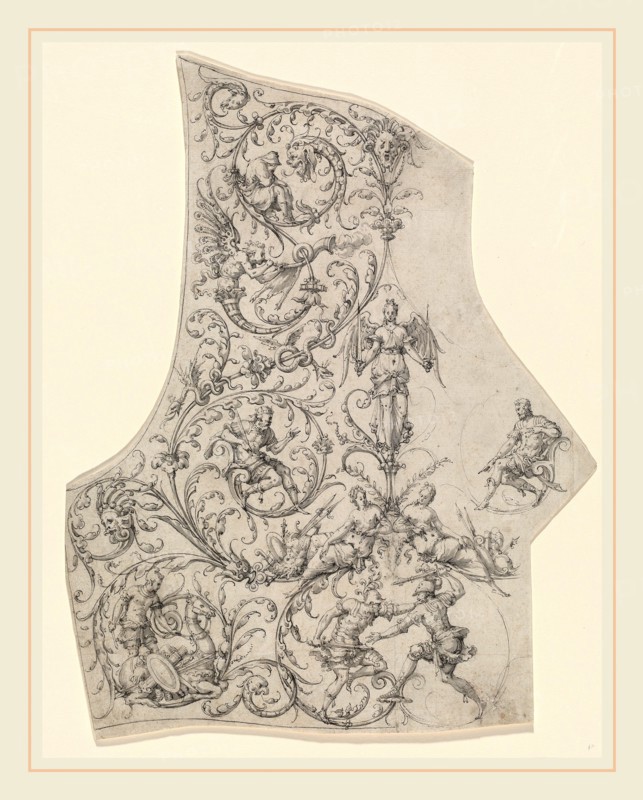 Etienne Delaune, The Backplate of a Suit of Parade Armor, French, 1518-1519-1583, c. 1557, pen and black ink with gray wash and faint traces of black chalk on laid paper