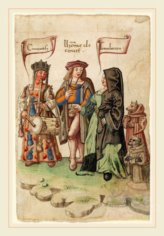 French early 16th century, A Courtier Standing Between Covetousness and Dissimulation [fol. 14 recto], 1512-1514, pen and brown ink with watercolor on laid paper