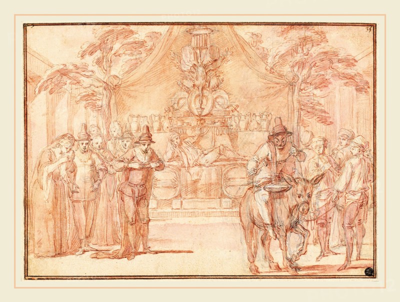 Claude Gillot, Scene from "The Tomb of Master André", French, 1673-1722, c. 1705-1708, red chalk with light mauve, sanguine, and brown wash with pen and black ink, corrected with white gouache, over graphite on laid paper, with a border line by the artist in red chalk, partially obscured by later double framing lines in pen and dark brown ink, mounted on an old album sheet