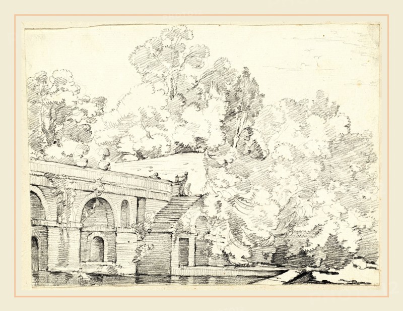 Joseph-Marie Vien, The Fishpond at Villa Madama, French, 1716-1809, 1746-1749, black chalk on laid paper