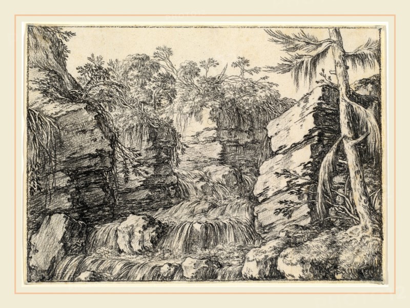 Jonas Umbach, A Waterfall between Rocky Cliffs, German, c. 1624-1693, black chalk on a ledger paper lightly ruled with ink