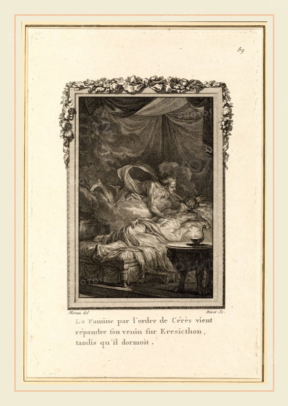 Louis Binet after Jean-Michel Moreau, La Famine par l'ordre de CérÃ¨s vient répandre son venin sur Eresicthon, tandis qu'il dormoit, French, 1744-c. 1800, published 1767-1771, etching and engraving with stipple