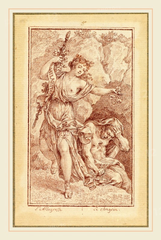 Charles-Nicolas Cochin II, Gaiety and Grief, French, 1715-1790, 1774-1775, red chalk with touches of black chalk on laid paper, laid down, with border lines drawn by the artist
