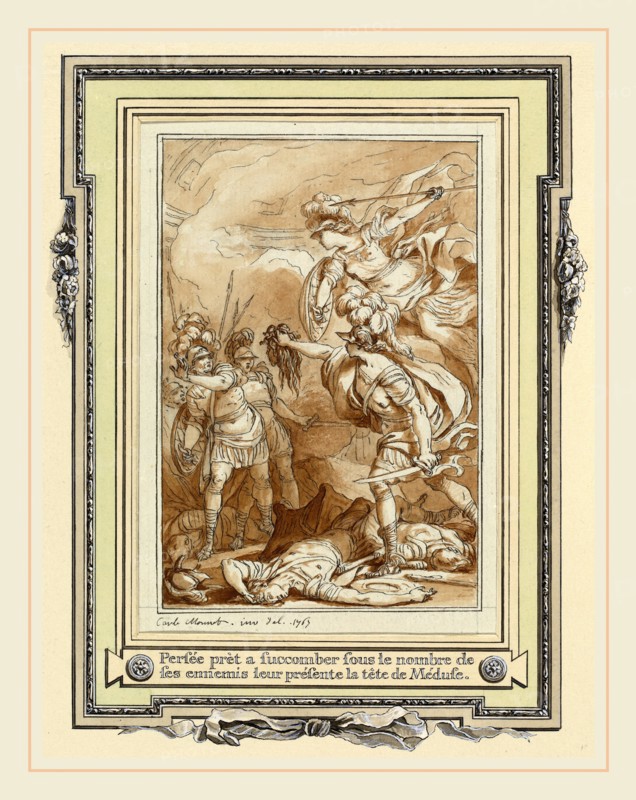 Charles Monnet, Perseus Turning Phinneas to Stone with the Head of Medusa, French, 1732-after 1808, 1767, pen and black ink with brown wash over traces of graphite, with double border line by the artist in pen and gray ink, on laid paper