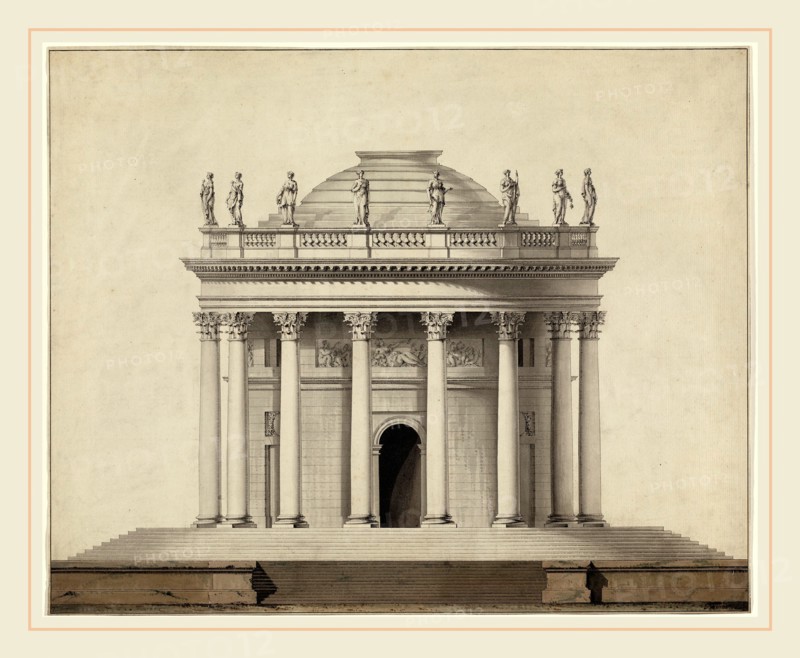 Louis Gustave Taraval, A Classical Temple, French, 1739-1794, c. 1780, pen and black ink with gray, brown, and green washes on laid paper